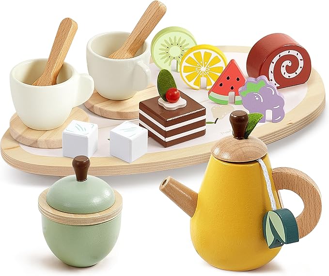 PairPear Wooden Tea Party Set for Little Girls, Kids Tea Sets for Toddler 3-5, 20pcs Pretend Play Fruit Tea Playset Kitchen Accessories Wooden Toys Food for Christmas Birthday