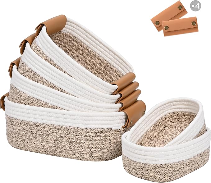 Storage Baskets for Organizing, Small Woven Basket Set of 6-4 Shelf Basket with Leather Handle and 2 Small Gift Baskets, Cotton Rope Basket for Shelves, Nursery, Dog Toy, Bathroom