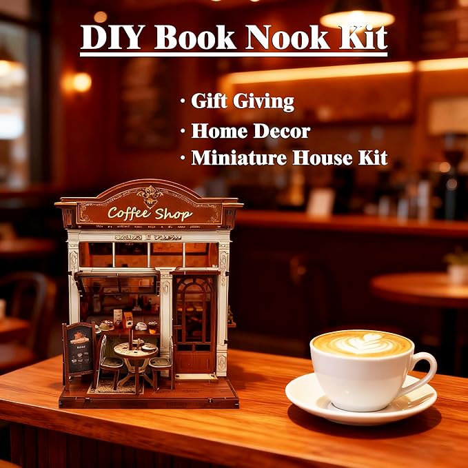 DIY Miniature House Dollhouse,Coffee Shop Book Nook Kit for Adult and Teens, Dollhouse,Tiny House Bookshelf Decor 3D Wooden Puzzle with LED Lighting, Gifts for Family, Friends (Coffe Shop)