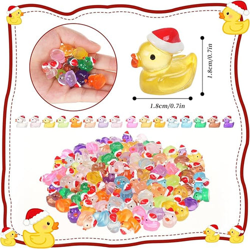 160Pcs Luminous Christmas Mini Ducks, Glow in The Dark Xmas Mini Resin Ducks with Santa Hats, 16 Colors Tiny Ducks Bulk for Micro Fairy Garden DIY Miniature Dollhouse Decor