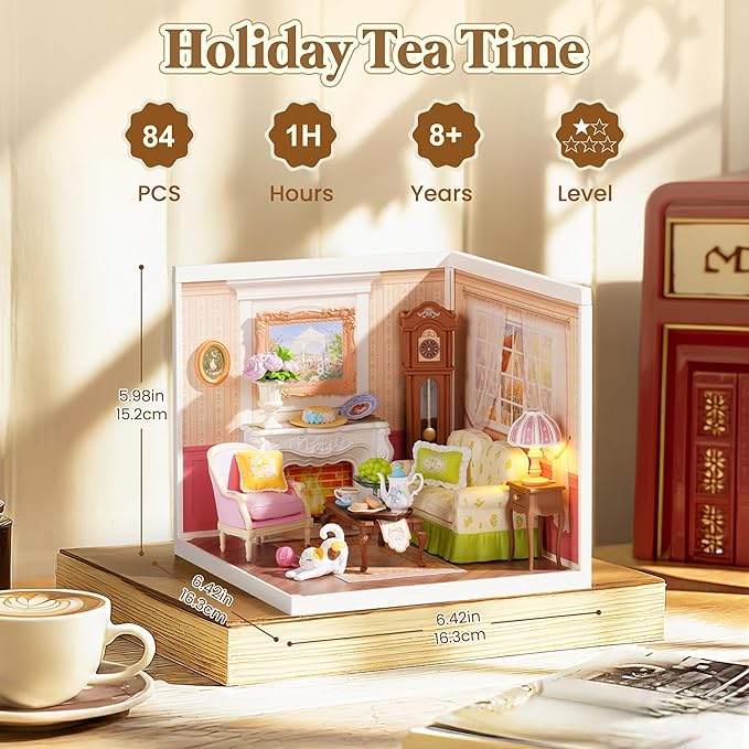ROBOTIME Super Creator Kits, DIY Miniature House Kit with LED, Plastic Mini House, Toy Building Set for Adults, Craft for Home Decor Unique Gift (Holiday Tea Time)