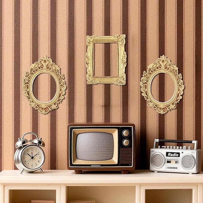 5 Pcs Miniature Picture Frames Vintage Dollhouse Photo Frames with Carved Golden Edges for Wall Hanging Desktop Display Jewelry Showcase Miniature Props for Dollhouse Model Train Garden