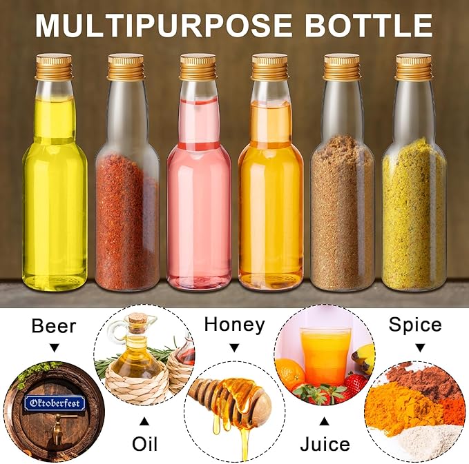 120 Pcs Mini Liquor Bottles Airtight Shot Miniature Empty Plastic Alcohol Spirit Shot Bottles with Funnels for Party Favors, Weddings(3.3 oz,Gold)