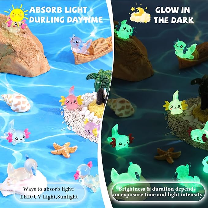 40PCS Mini Resin Animals Colorful Tiny Axolotls Glow in Dark, Miniature Figures to Hide, Little Animal Small Figurines for Topper Desk Garden Dollhouse Landscape Aquarium Ornaments Crafts & Decor