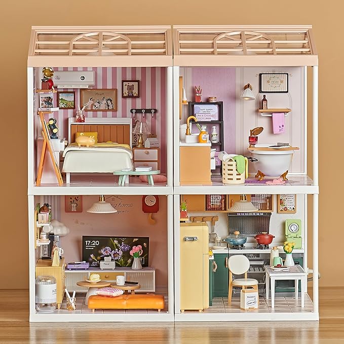DIY Miniature Bathroom Play Kit with 101Pcs, 1:20 Scale Dollhouse Washroom Furniture with LED Light, Realistic Accessories & Connectable Base Room, Tiny House Toy for Adults & Kids 8+