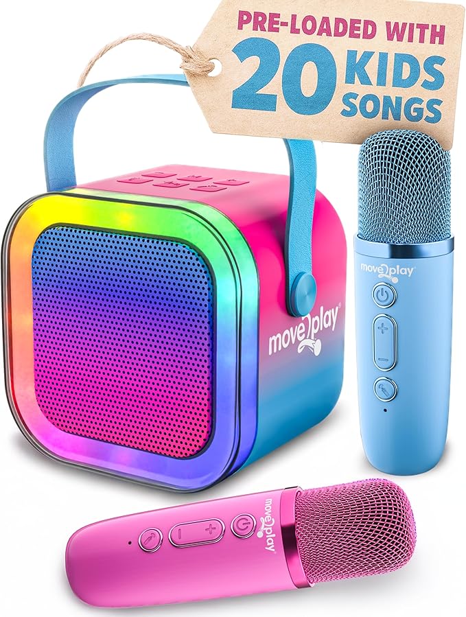 Move2Play, Mini Karaoke Machine for Kids | Built-in 20+ Songs | Bluetooth Speaker with Microphones | Voice Effects | Toddler Music Toy | Christmas Stocking Stuffer | Girls & Boys Age 2, 3, 4, 5, 6+