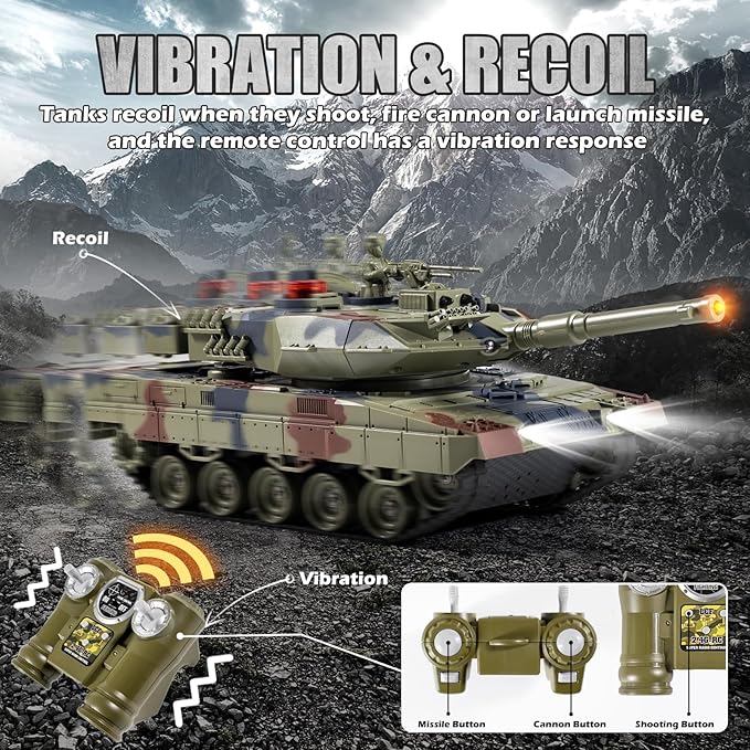 1/24 RC Battle Tank Set, Remote Control Russian T90 and German Leopard II Tank Model That Shoots for Kids and Adults, 2.4Ghz Army Toy for Boys 6+ Year Old with Smoke, Sound Effects and Lights