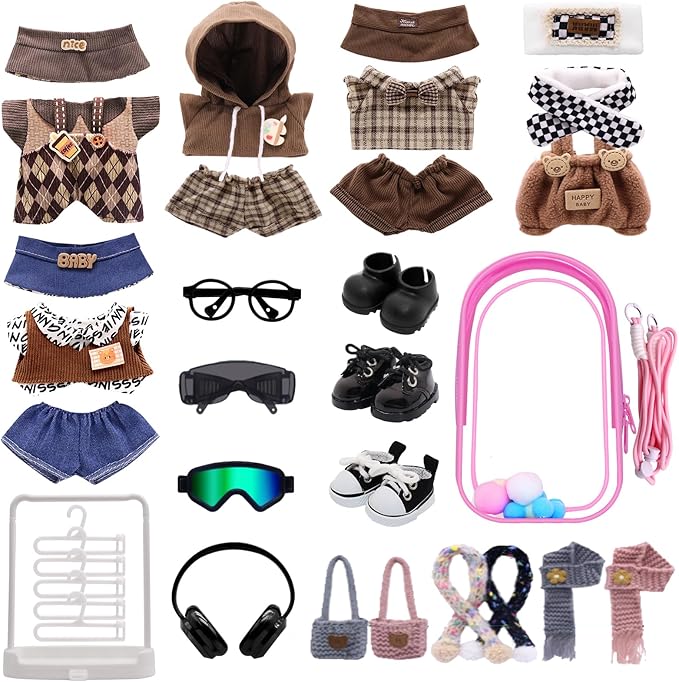 Clothes for Labubu, 24-piece Clothes and Accessories Set Designed for Labubu Doll Clothes, Includes Display Bag, Clothes Rack, Scarf, Knitted Bags, Headphones, Glasses, and Shoes Accessories - Style D
