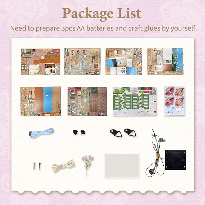 Tonecheer DIY Miniature House Kit, Book Nook Dollhouse Story Frame Kit Wooden 3D Puzzle, Wall Mountable Decor Diorama Model with Dust Cover and LED for Ideal Gift - Blossom Time