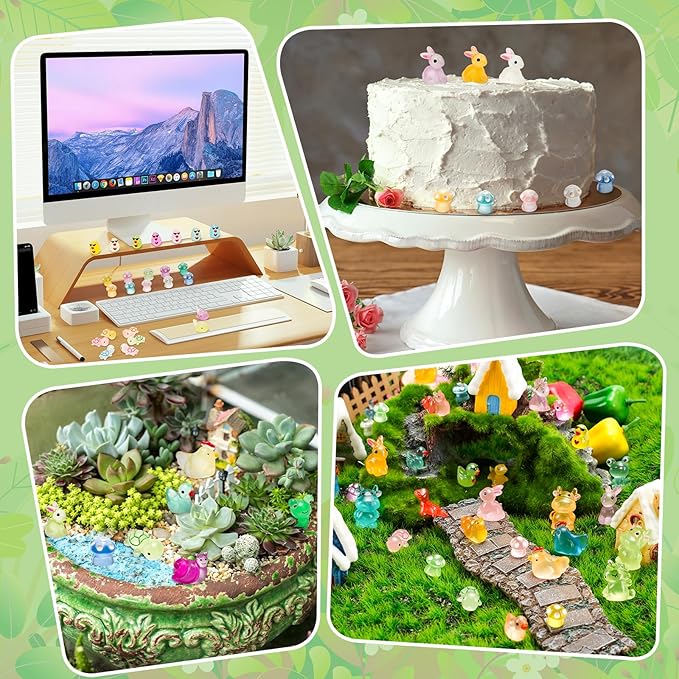200 Pcs Luminous Mini Resin Animals 12 Styles Glow in The Dark Tiny Ducks Rabbits Frogs Mushrooms Figurines to Hide Small Miniature Figures for Garden Fairy Decor Dollhouse Aquarium DIY Crafts