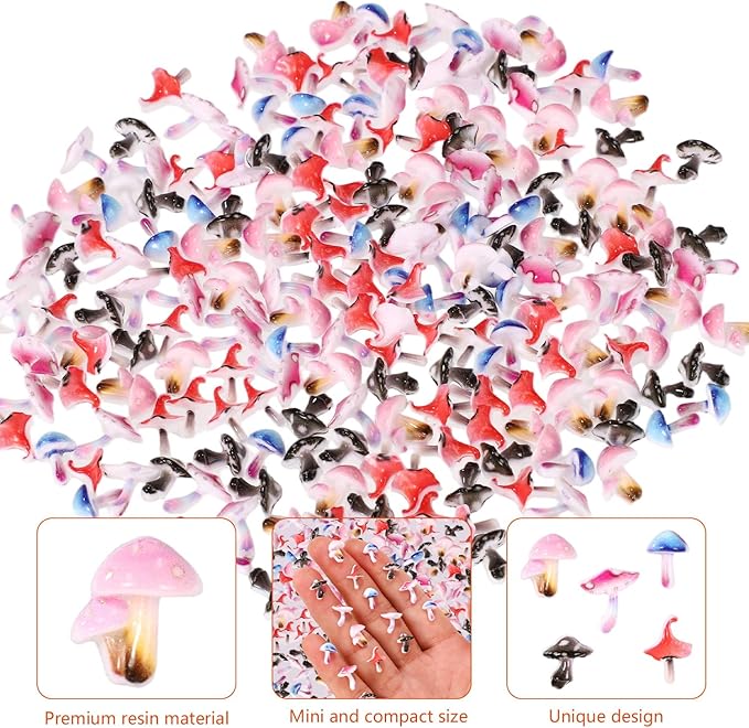 210pcs Tiny Mushroom Decor, Mini Resin Mushroom Figurines Cute Colorful Miniature Trinkets Toy Decorations Landscape Decor for Fairy Garden Dollhouse Terrarium Micro Landscaping Accessories (5 Styles)