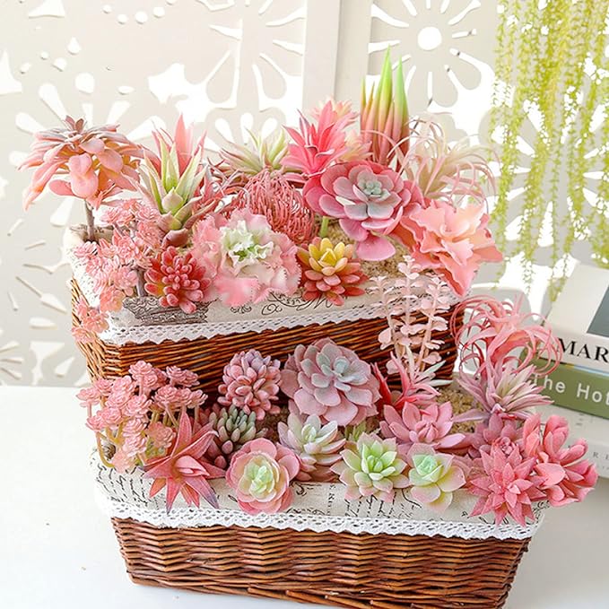 Woohome 20 PCS Artificial Succulent Plants, Red Fake Succulent, Unpotted Faux Succulent Assortment in Flocked in Different Type for Birthday Home Decor Indoor Wall Garden DIY