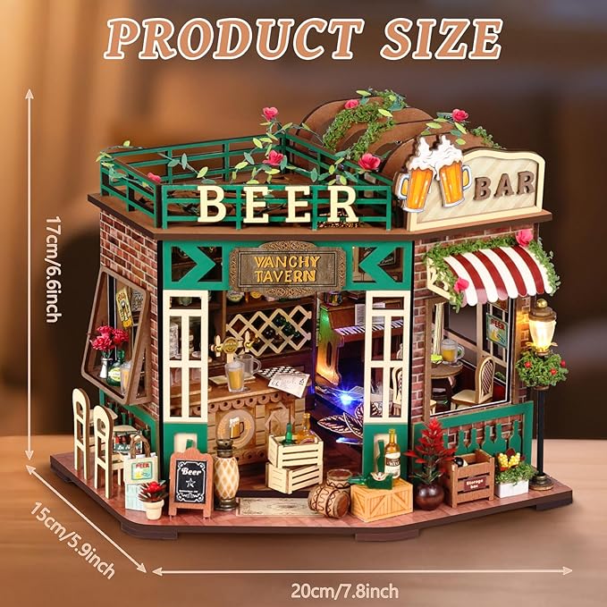 Miniature House Kit, DIY Miniature Dollhouse Kit, Mini House Building Kits with LED, Unique Gift for Birthday Christmas Day, Beer Bar