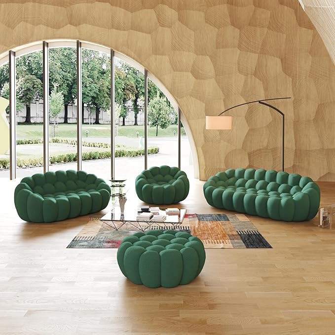 JACH Bubble Sofa Curved Couch Set, Comfy Upholstered Sofa, Mesh Fabric 3D Honeycomb Shape Modern Couches for Living Room, Apartment (Green, 1 Seater, 2 Seater, 3 Seater, Ottoman)