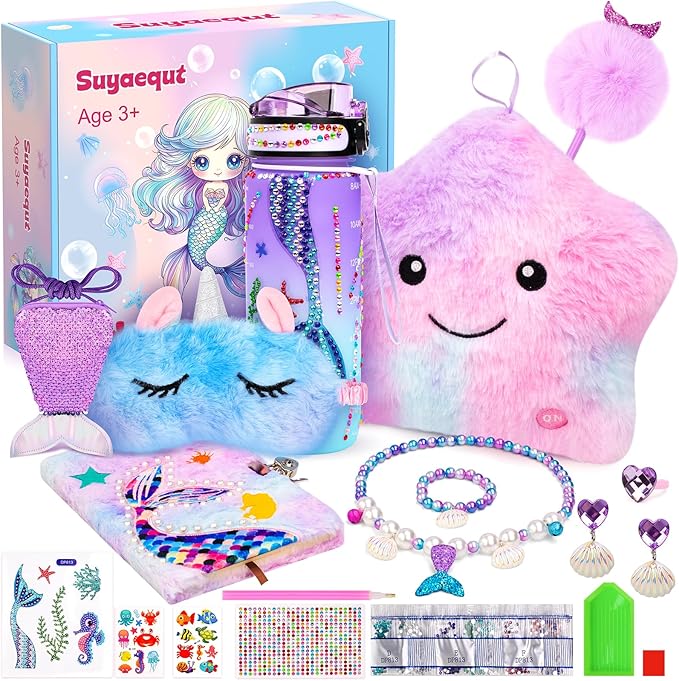 Mermaid Toys Gifts for Girls Age 4-6 7 8 9 10, Unique Girls Birthday Gifts Set with Locked Diary, Kids Purse, Plush Light Up Star Pillow, DIY Water Bottle Kits, for Christmas
