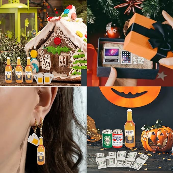 Hiawbon 24pcs Mini Beer Bottles Set, 1:12 Scale Miniature Beer Cans Glass Mini Laptop Tablet Smart Phone Dollar Bills Set, Miniature Scene Model for Fairy Garden Pub Bar Decoration Computer Simulation