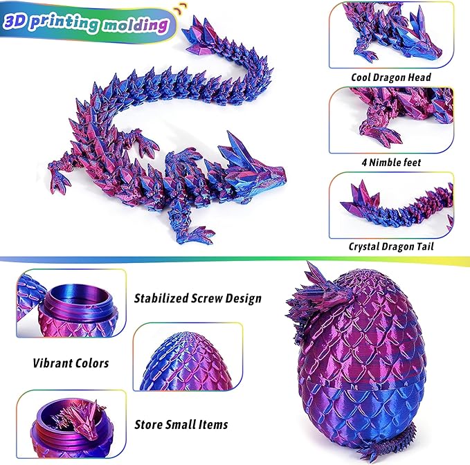 JOD® 4PCS 3D Printed Dragon Eggs with Dragon Inside – Articulated Fidget Toys, Easter Dragon Eggs, Mystery Surprise Easter Eggs for Kids, Unique 3D Printed Animals, Home Decor and Gift Set(C)
