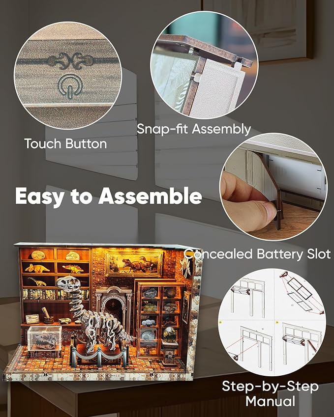 DIY Miniature House Kit – Mini House Book Nook Kit Bookend Bookcase Craft Bookshelf Home Decor with LED Light Christmas Birthday for Adults Beginners(Dinosaur Research Institute)