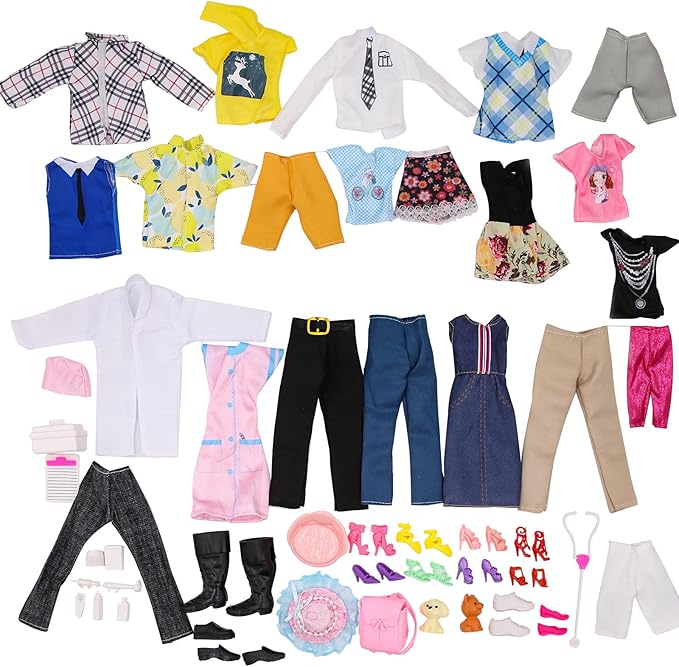 ZTWEDEN 71Pcs Doll Clothes & Accessories for 12 Inch Boy & Girl Dolls - Pet Care Set Includes 25 Wear Clothes, Shirts, Jeans, Suits, Shoes, Pet Doctor Playset, Trolley, Backpack