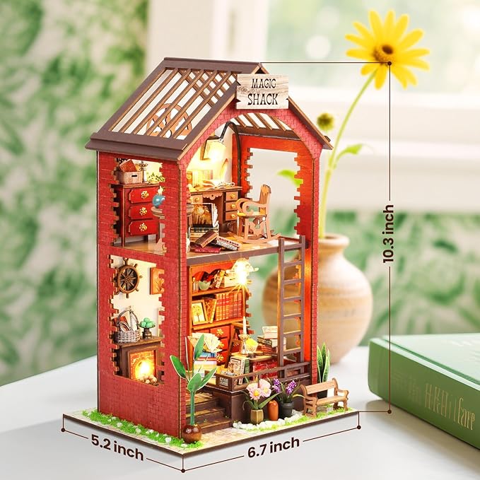 DIY Book Nook Kit, Beginner 3D Puzzle Wooden Book Nook, Dollhouse Kit, with Furniture and LED Light, Accessories Educational Toys, for 14+ Teens and Adults Building