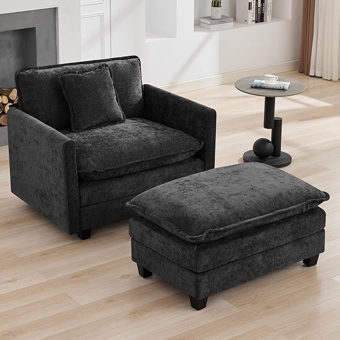35‘’ Modern Chenille Cloud Sofa Ottoman,Rectangle Ottoman for Modular Sectional Sofa, Dark Grey