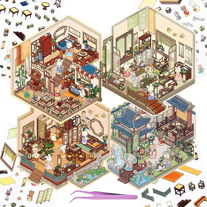 DIY 3D Fun House Stickers, 4 Sets Miniature Cute Rabbit Room Scene Stickers Make Your Own Mini Vintage Building Sticker Scenes for Adult Relief Stress Pass The Time