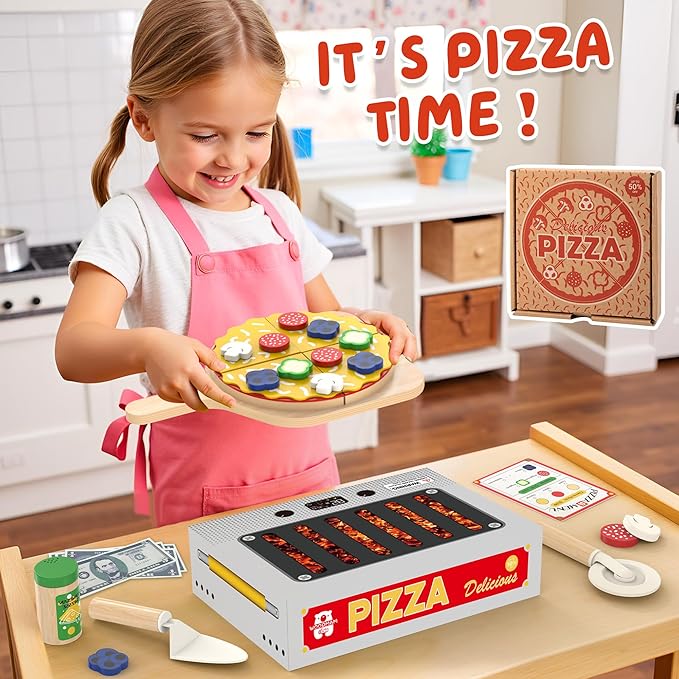 WOODMAM Pizza Toy Set, Montessori Realistic Play Food with Oven Box, Educational Learning Toys for Preschoolers Toddlers Age 3 4 5 6, Christmas Birthday Gift for Kids