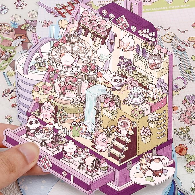 DIY 3D House Stickers, 4 Set Fun DIY Stickers Scene Make Your Own Snowball, Paint Box, Gift Box, Cake House,Cute 3D Cartoon Scene Sticker for Adult Kids Relief Stress Pass The Time
