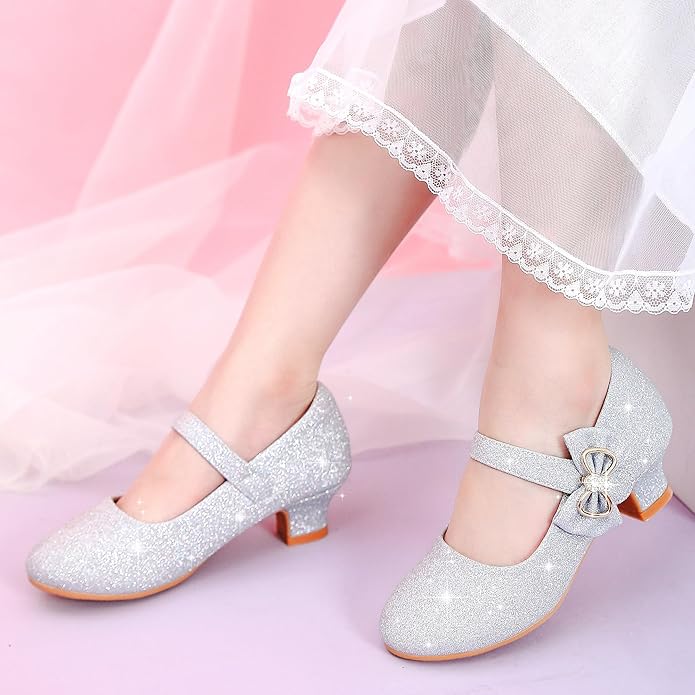 Dufannie Girls Dress Shoes Low Heel Princess Flats Mary Jane Flower Wedding Party Glitter Shoes for Kids Toddler