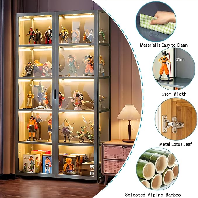 5 Tier Curio Display Cabinet with Acrylic Glass Door, Large Capacity Storage Cabinet Collectibles Toy Organizers Rack & Display Shelf, Kids Bookshelf and Bookcase for Playroom, Bedroom