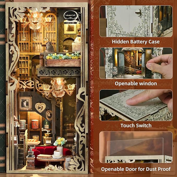 Book Nook Kit - DIY Miniature House Coffee Shop Dollhouse Kit for Adults and Teens, 3D Wooden Puzzle Booknook Tiny House Bookshelf Decor, Gifts for Family, Friends (Saison Café)