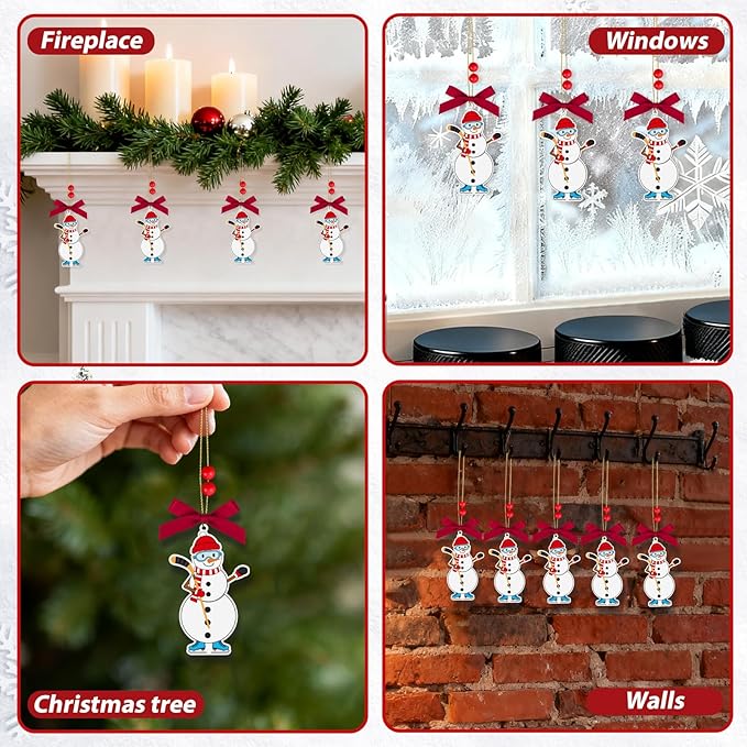 4.3 Inches Snowman Ice Hockey Christmas Ornament,Wooden Ice Hockey Snowman Tree Ornament Hanging Decoration for Rearview Mirror, Window, Eaves, Fireplace and Home Holiday Party Decor