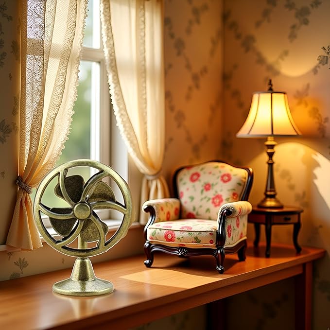 Brass Table Fan Dollhouse Decoration Accessories, 1:12 Dollhouse Miniature Scene Model Table Fan (30 x 43 mm)