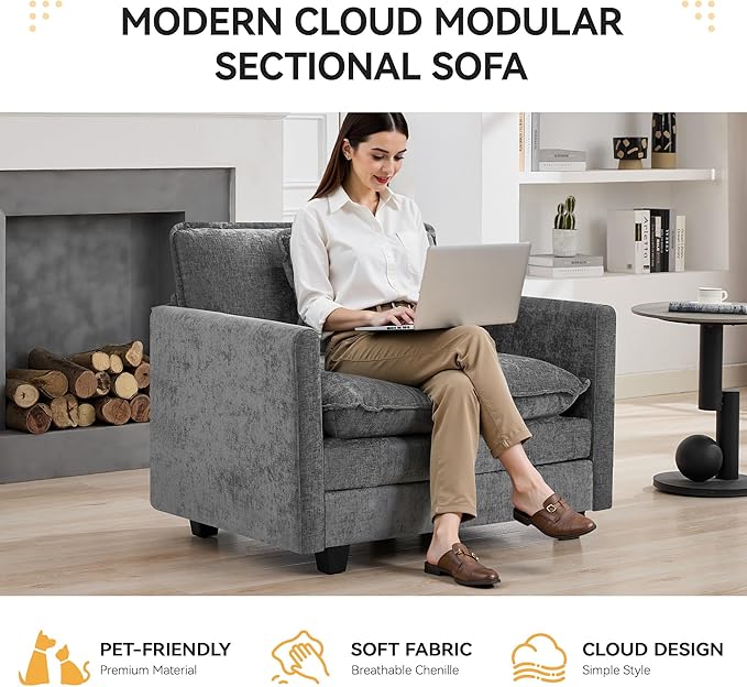 41'' Modern Chenille Oversized Chair, Upholstered Accent Living Room Chair with Extra Thicked Deep Seat, Single Lounge Chair for Bedroom, Small Apartment, Grey