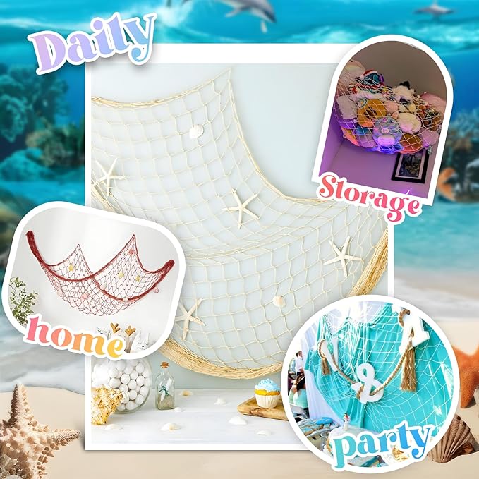 2 Pack Fish Net Decorations for Party, Natural Cotton Hawaiian Party Fishing Net Decorative, Nautical Themed Cotton Fishnet Under The Sea Pirate Ocean BeachHalloween Decor