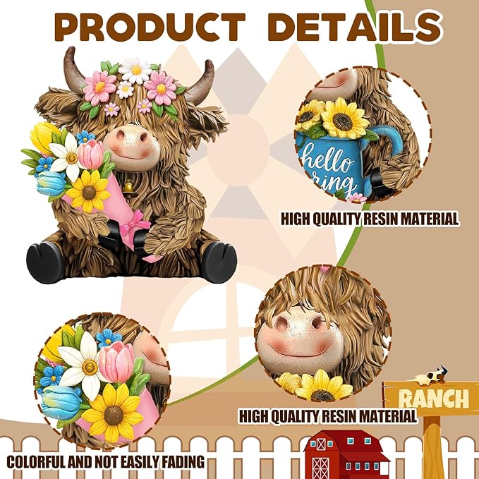Burbell 2 Pack Spring Highland Cow Resin Figurine Spring Bathroom Highland Cow Gnomes with Flower Starfish Resin Statue for Garden Table Shelf Home Decor Calf Gnome Herd Gifts