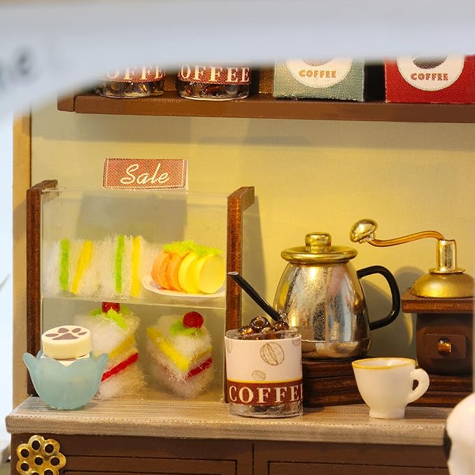 GuDoQi DIY Miniature Dollhouse Kit, Tiny House kit with Music, Miniature House Kit 1:24 Scale, Great Handmade Crafts Gift for Christmas Day Birthday Christmas Day,Lovely Cats' Coffee Shop