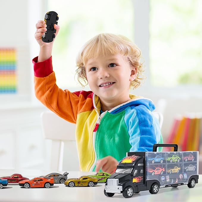 Big Mo's Toys Transport Car Carrier Truck - with 6 Stylish Metal Racing Cars - with Carrying Case