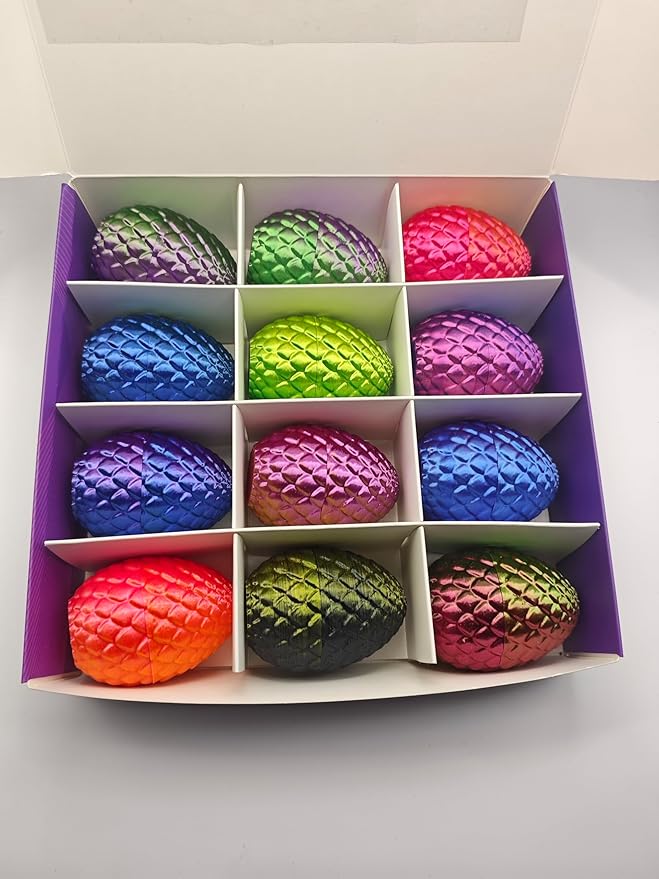 12 Pack 3D Printed Dragon Eggs & Crystal Dragons – Articulated Fidget Toy Gift Set with Display Tray, Assorted Colors for Kids, Collectors, Party Favors & Stocking Stuffers