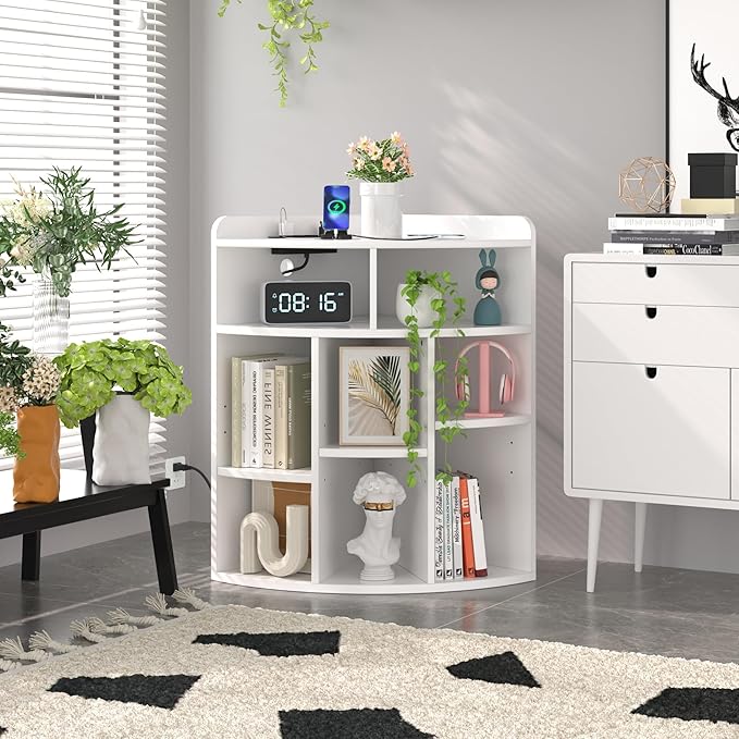 VECELO Corner Cube Shelf with USB Ports & Outlets, Modern Corner Toy Storage Rack with Adjustable Shlef, Wooden Display Bookshelf Bookcase for Living Room, Bedroom, Dining Room, Kitchen, White
