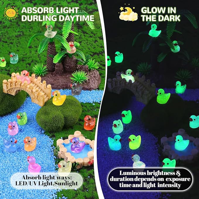 200PCS Mini Resin Animals Cute Tiny Ducks Glow in Dark,Miniature Duck Figures to Hide,Little Animal Small Figurines Bulk for Topper Desk Garden Dollhouse Landscape Ornaments DIY Crafts & Decor