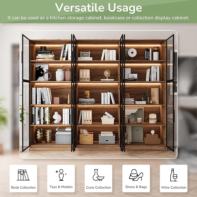 3 Piece Display Cabinet with Glass Doors & Adjustable Lights, 78.7” Tall Display Case with 5 Tier Storage Shelves, Modern Collectibles Cabinet for Living Room, Office, Walnut