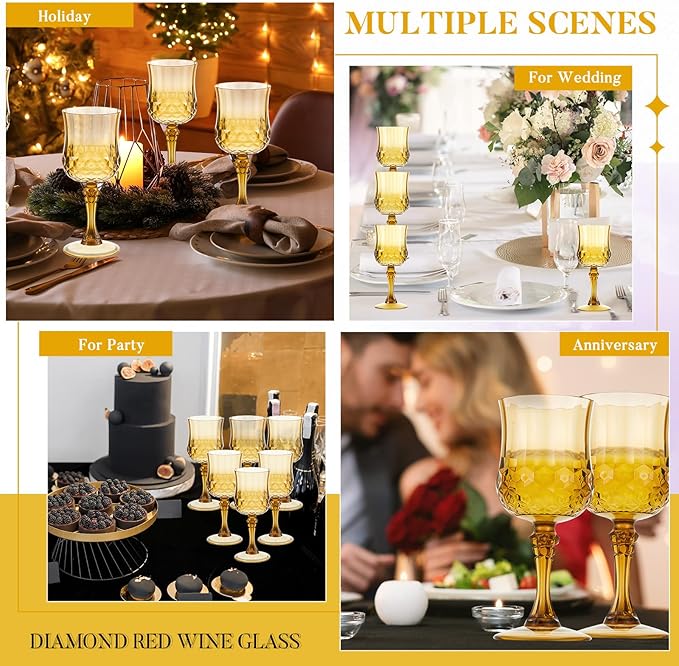 Pinkunn 6 Pcs 7 oz Plastic Vintage Wine Glasses Reusable Colored Goblets Patterned Drinking Water Glasses Cup Dishwasher Safe for Valentine's Day Wedding Reception Party Supplies (Gold)