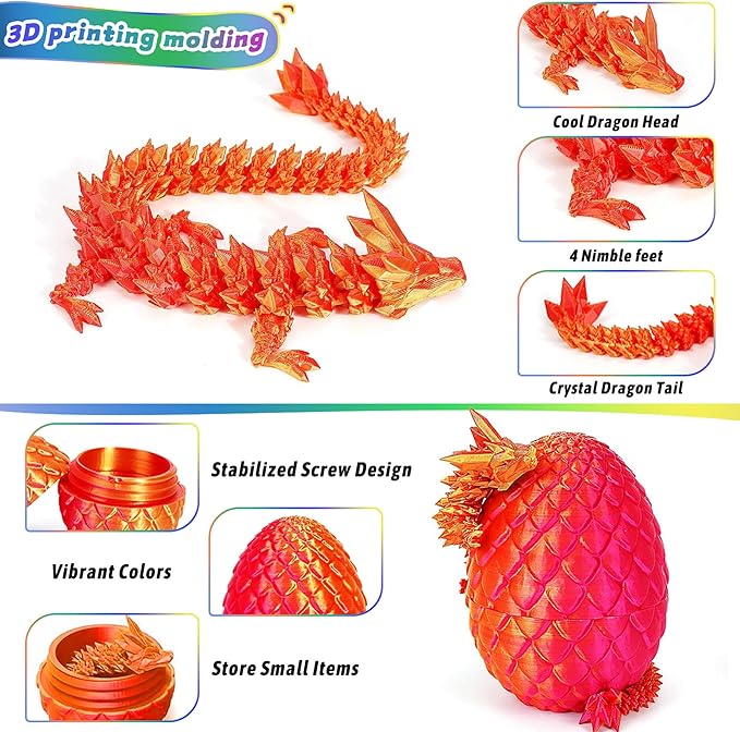 JOD® 4PCS 3D Printed Dragon Eggs with Dragon Inside – Articulated Fidget Toys, Easter Dragon Eggs, Mystery Surprise Easter Eggs for Kids, Unique 3D Printed Animals, Home Decor and Gift Set(B)