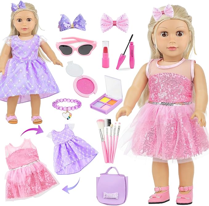 VAWMJOT 18 Inch American Doll Accessories, 2 Sets Pink and Purple Dresser Sunglasses Handbag Lipstick Hair Clip Eye Shadow Foundation Make-up Bracelet Cosmetic Brush American Doll Clothes Set