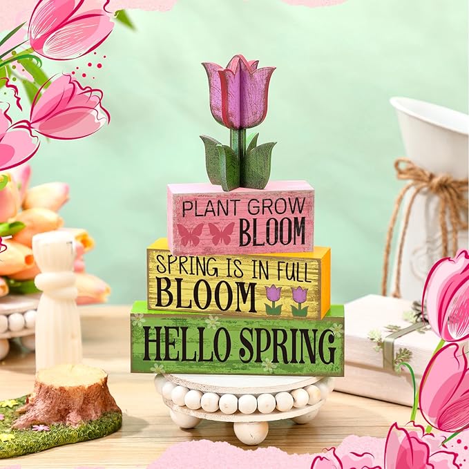 Moucuny 4 Pcs Spring Table Decorations Tulip Flower Wooden Signs Spring Tiered Tray Decor Wooden Tulip Block Signs Pastel Flower Table Centerpieces Decor for Home Kitchen Shelf Office