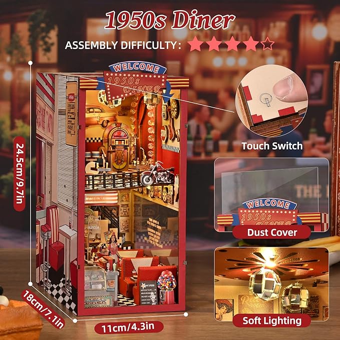 Book Nook Kit - DIY Miniature House Dollhouse Kit for Adults and Teens, Booknook Retro Diner Bookshelf Decor 3D Wooden Puzzle with LED Light, Gifts for Family and Friends (1950s Diner)