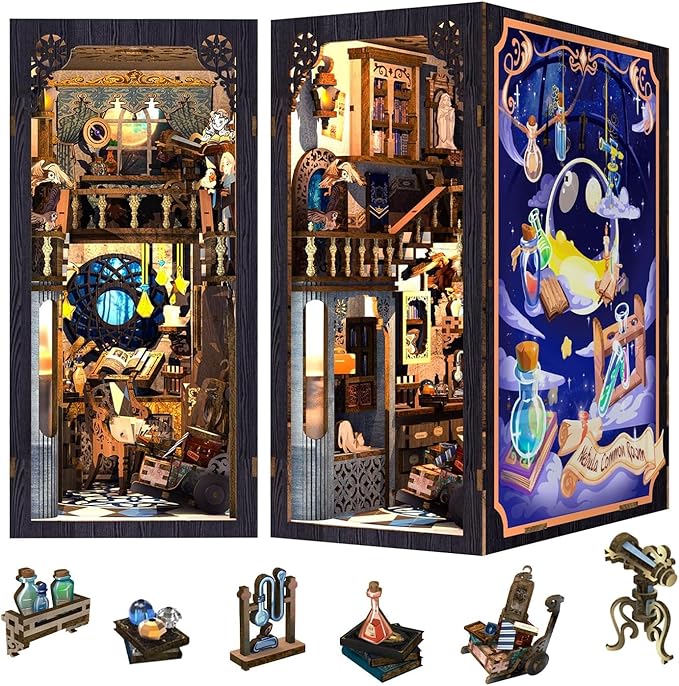 Fsolis Book Nook Kit, 3D Wooden Puzzles for Adults Booknook Magic Bookshelf Miniature Kit Shelf Decor Decoratvie Bookends Tiny House Gifts for Women Readers Book Lovers(Nebula Common Room)