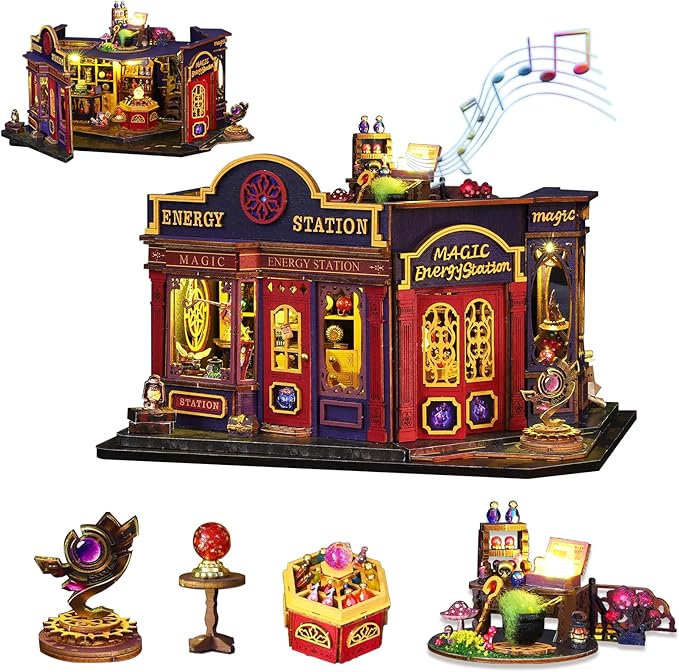 DIY Miniature House Kit: 3D Wooden Puzzle Miniature Kit with LED Light, Magic Station Tiny Model Mini House Building Kit for Adults Teens, Creative Gift Book Nook DIY Adults Craft Kits