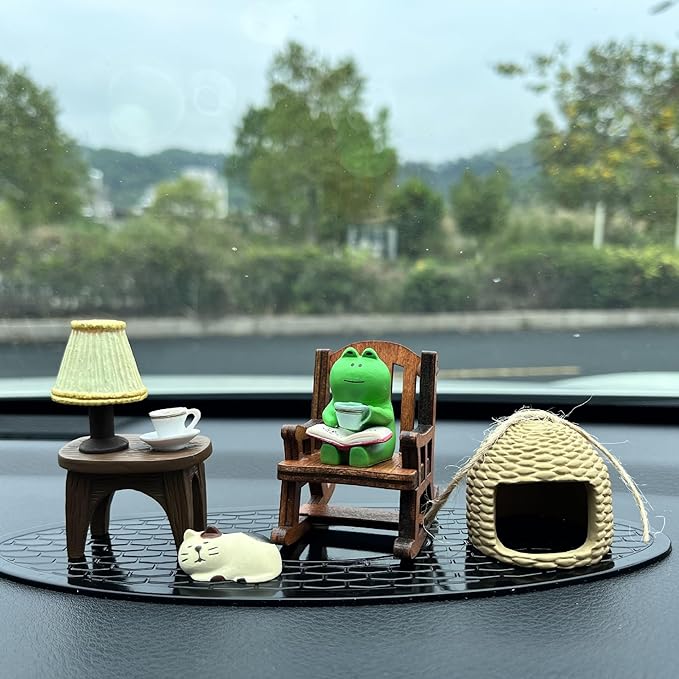 Miniature Frog Figurine Statue, Help Relax Enjoying Tea Time Mini Frog Cat Collection Desk Ofiice Bedroom Decor, Healing Heart Good Mood Indoor Home Decorations with Gift Box -Cat Company